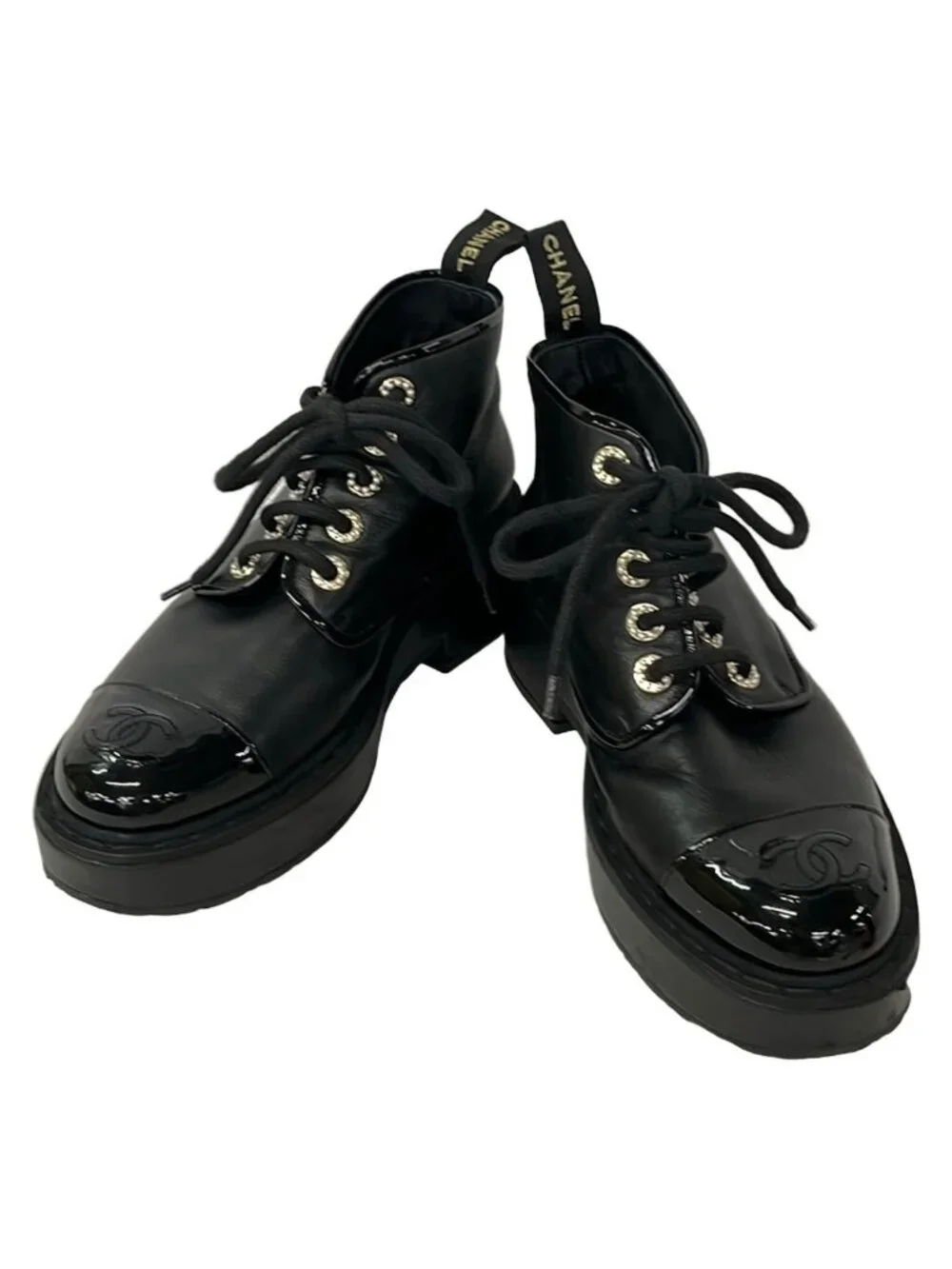 Chanel Short Boots 36 C Black CC Logo Pearl Leather Lambskin